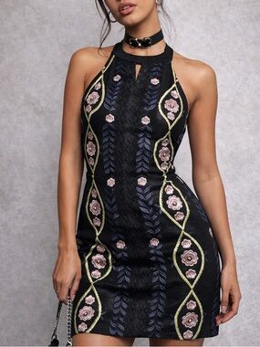 Guess Y2K Embroidered Mesh Sheath Dress Floral Black Bodycon Cocktail Halter